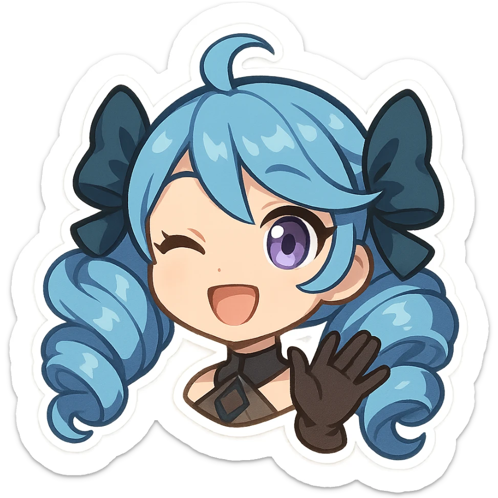 chibi style Gwen from League of Legends, only head, right eye purple, one hand waving with glove, smiling and energetic sticker