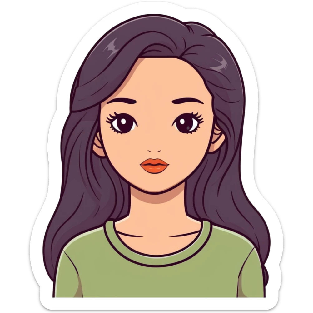 european girl with long black hair, long eyelashes, terracotta lips, light green top sticker