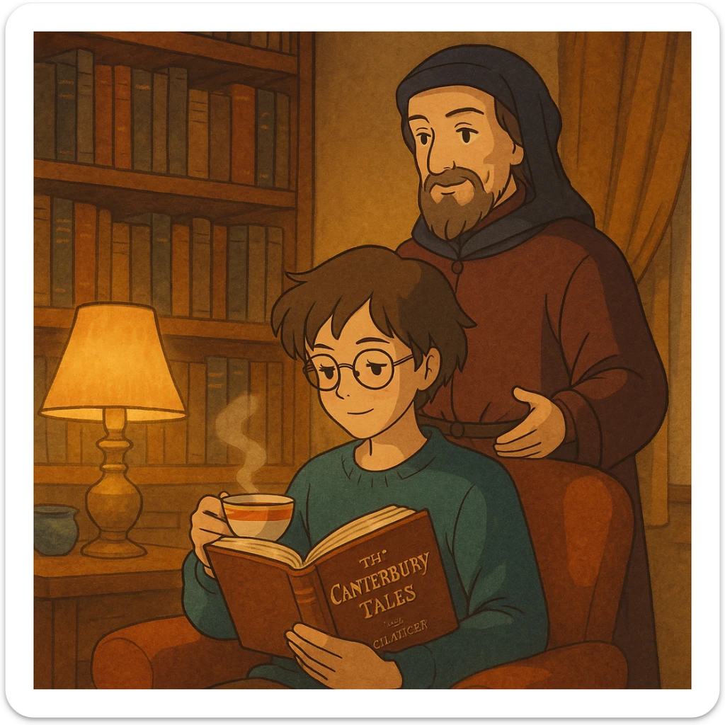 cozy scene of a person reading the Canterbury Tales and drinking tea, Chaucer in medieval attire standing behind, warm lighting sticker