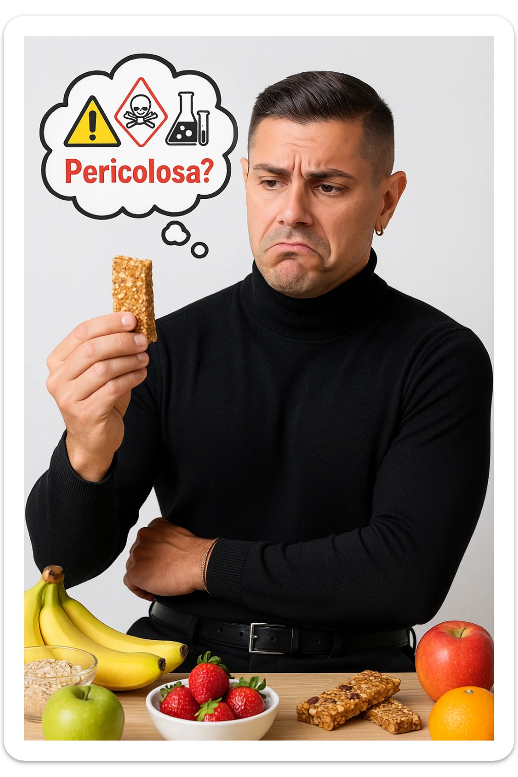 un uomo in abbigliamento sportivo tiene in mano una barretta proteica, osservandola con un’espressione scettica e preoccupata. Sopra la barretta, una nuvoletta di pensiero mostra simboli di allarme, ingredienti chimici e la scritta “Pericolosa?” in rosso. Sullo sfondo, frutta fresca e altri snack naturali sono visibili sul tavolo, sottolineando la sua preferenza per alternative più sane. sticker