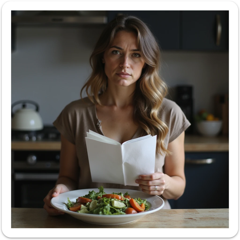 adult woman, photorealistic, diet not giving results, disappointed face, holding food diary, plate of salad in front, melancholic atmosphere, natural light, kitchen background sticker