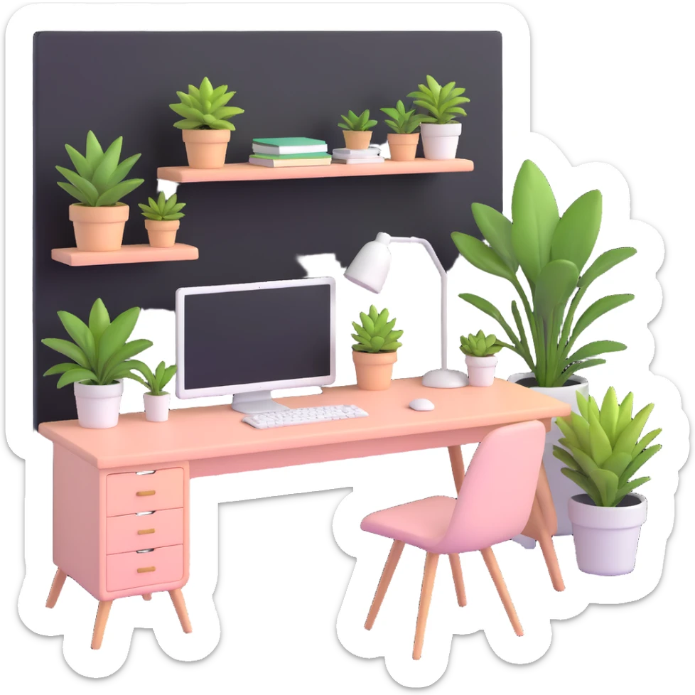 beautiful minimalist girl aesthetic bedroom with soft colors, organized desk, plants, and clean lines sticker