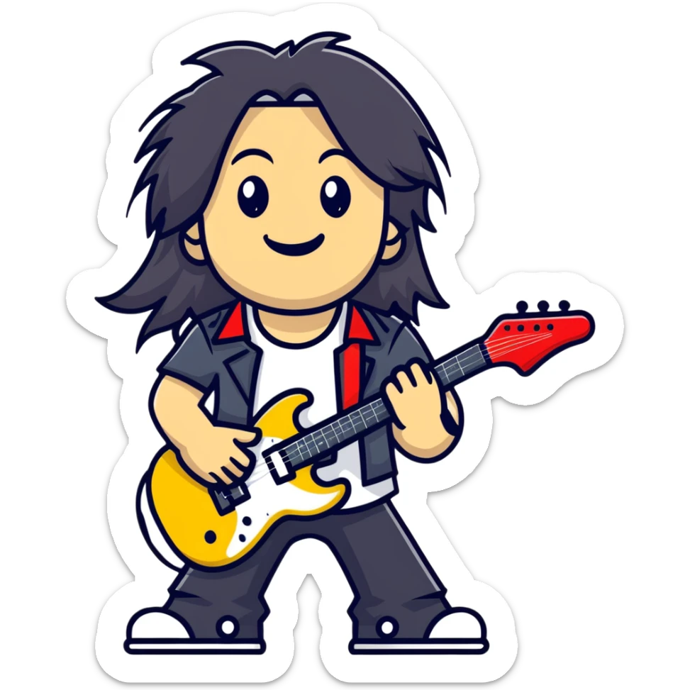 Rockstar musician with long hair, confident smile looking up, rock hand gesture, stage presence, edgy style sticker