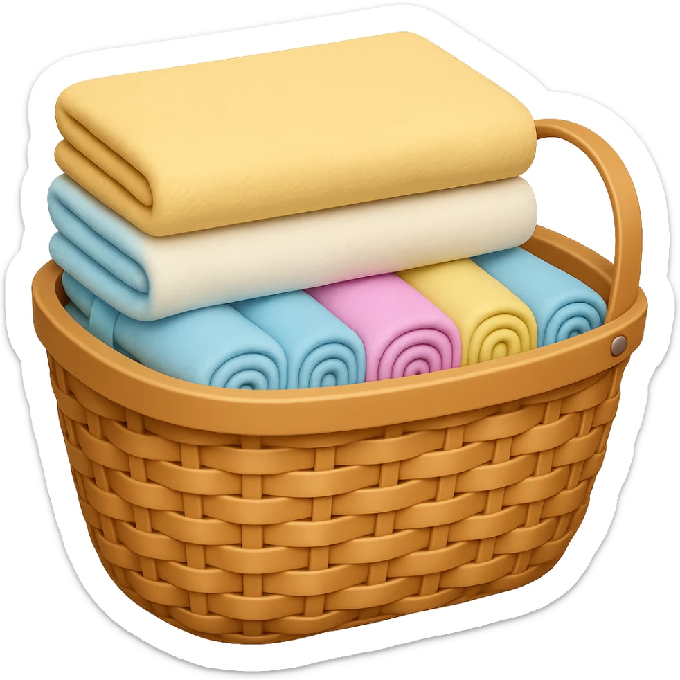 Add folded towels on top of the pastel socks and towels in the wicker basket in emoji style, no background. sticker