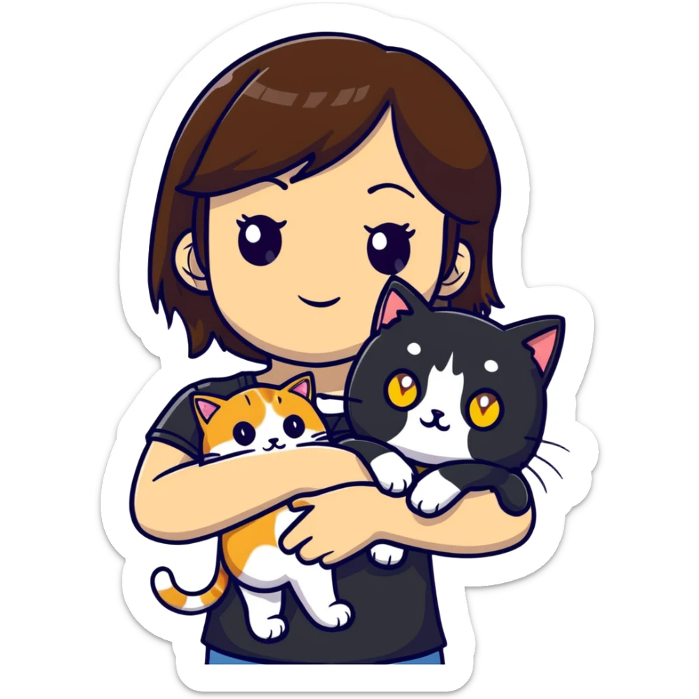 Brown straight-haired girl with black top, white cat with yellow eyes, and calico cat sticker