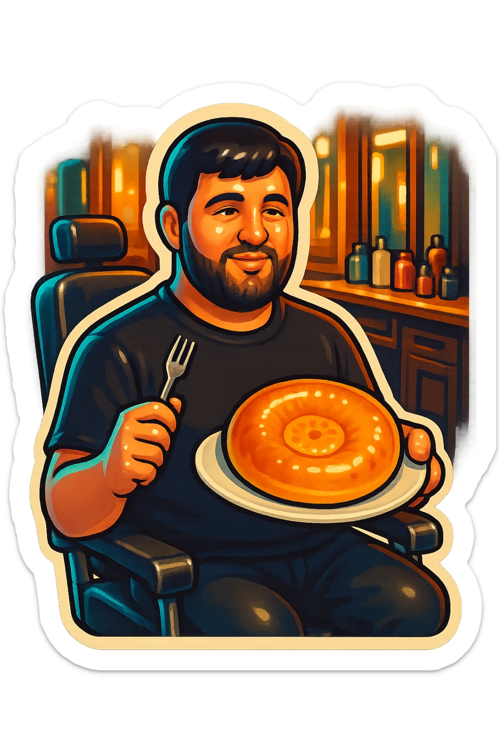"A man wearing a black shirt is sitting calmly in a modern barbershop chair, inside a stylish barbershop with wooden and black interior. The man is holding a white plate with a traditional Uzbek round bread (non) on it, and a fork in his other hand. The atmosphere is warm and softly lit, with mirrors and hair products visible in the background. The scene feels relaxed, cozy, and humorous due to the unusual setting of eating bread in a barbershop. sticker