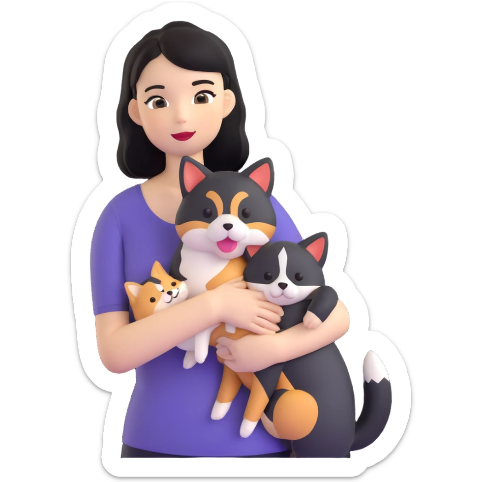 girl with black shoulder-length hair wearing a black tight-fitting top with a calico cat with white mouth and a shiba inu dog sticker