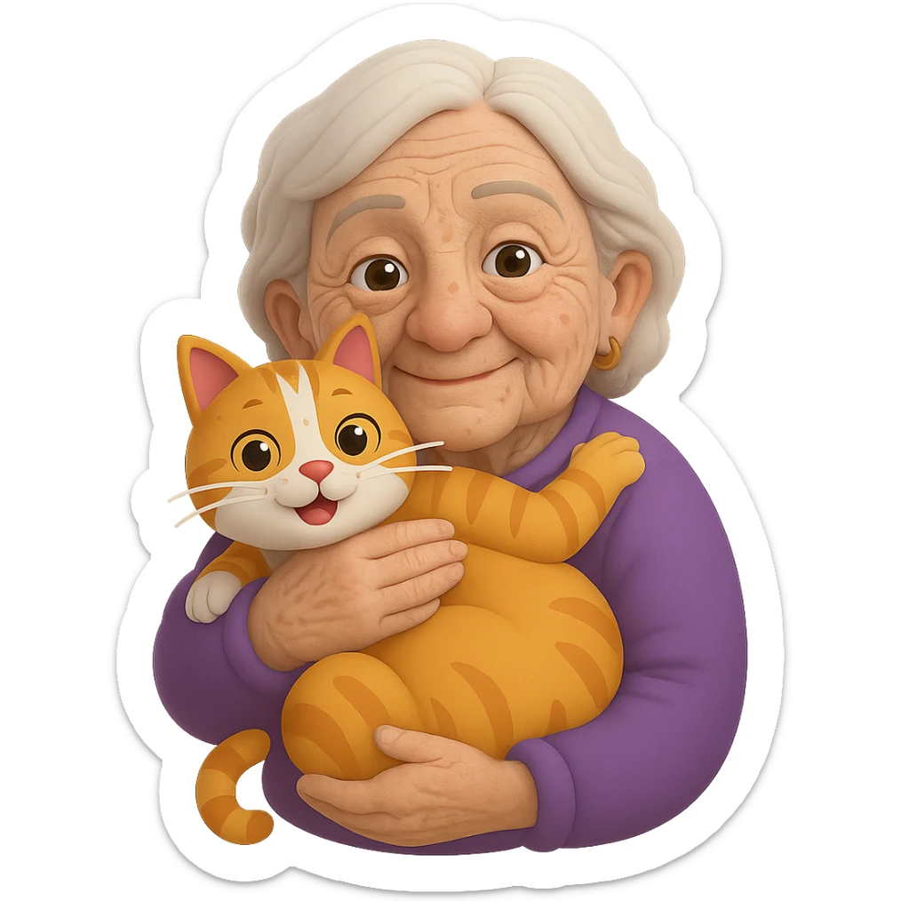 Make the grandmother look older with more wrinkles, gray hair, and age spots in a 3D emoji style. She is holding one cat. The background should be transparent with no background. sticker
