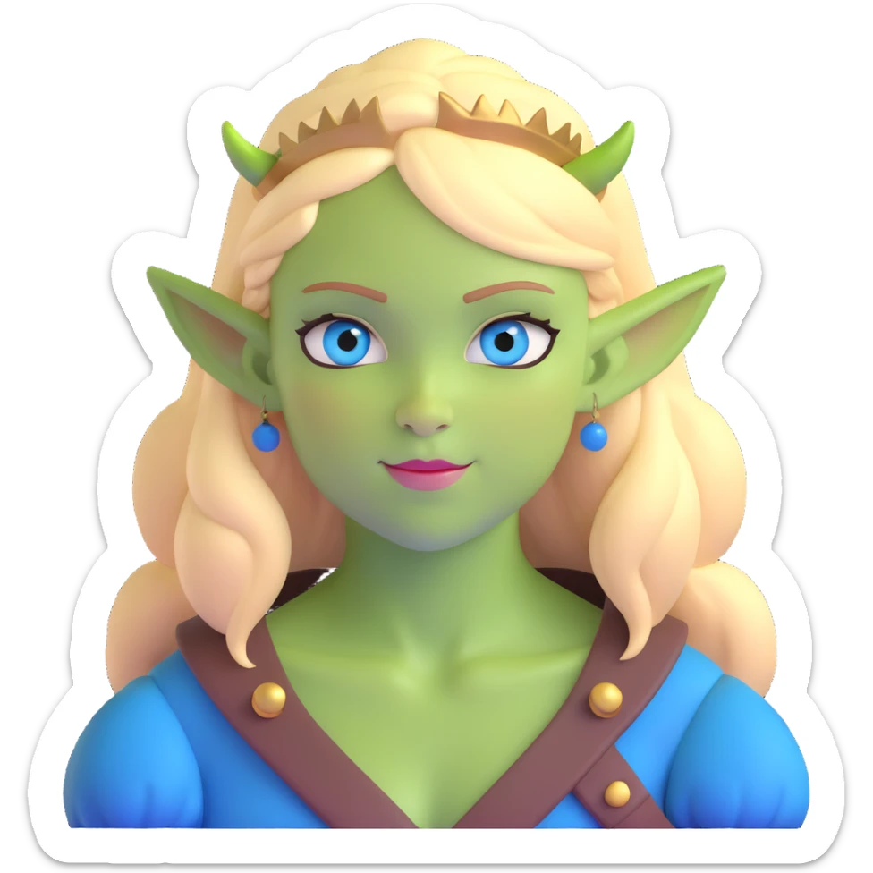 pretty girl with blonde hair, blue eyes, green ogre ears sticker