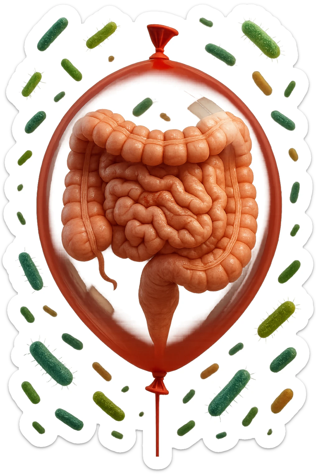 intestino umano anatomico chiuso in un palloncino rosso con batteri intestinali che fluttuano intorno, iperrealistico 4k sticker