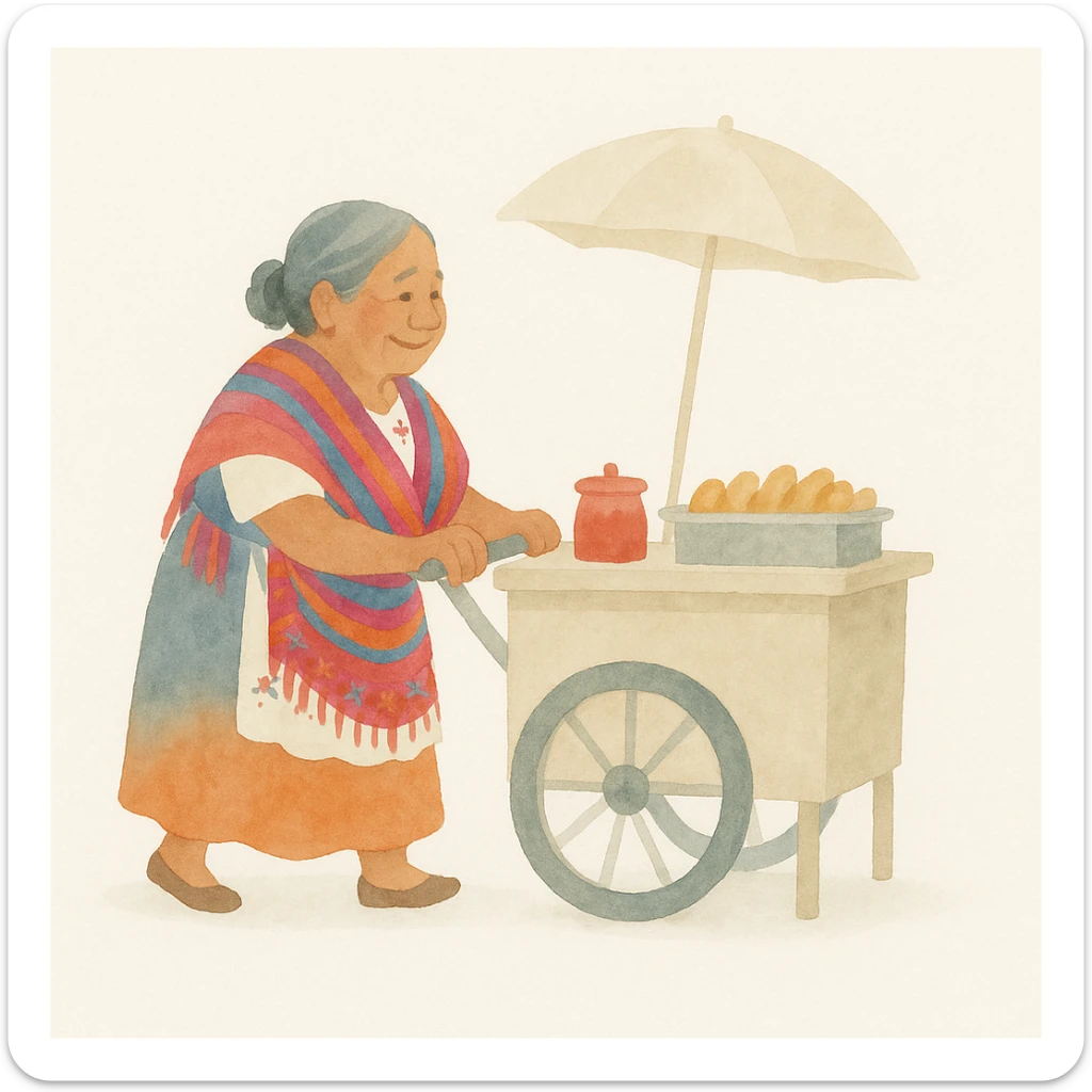 old Mexican lady pushing a food cart, warm and friendly, traditional dress, vibrant colors, street vendor, detailed, no text, watercolor art style sticker