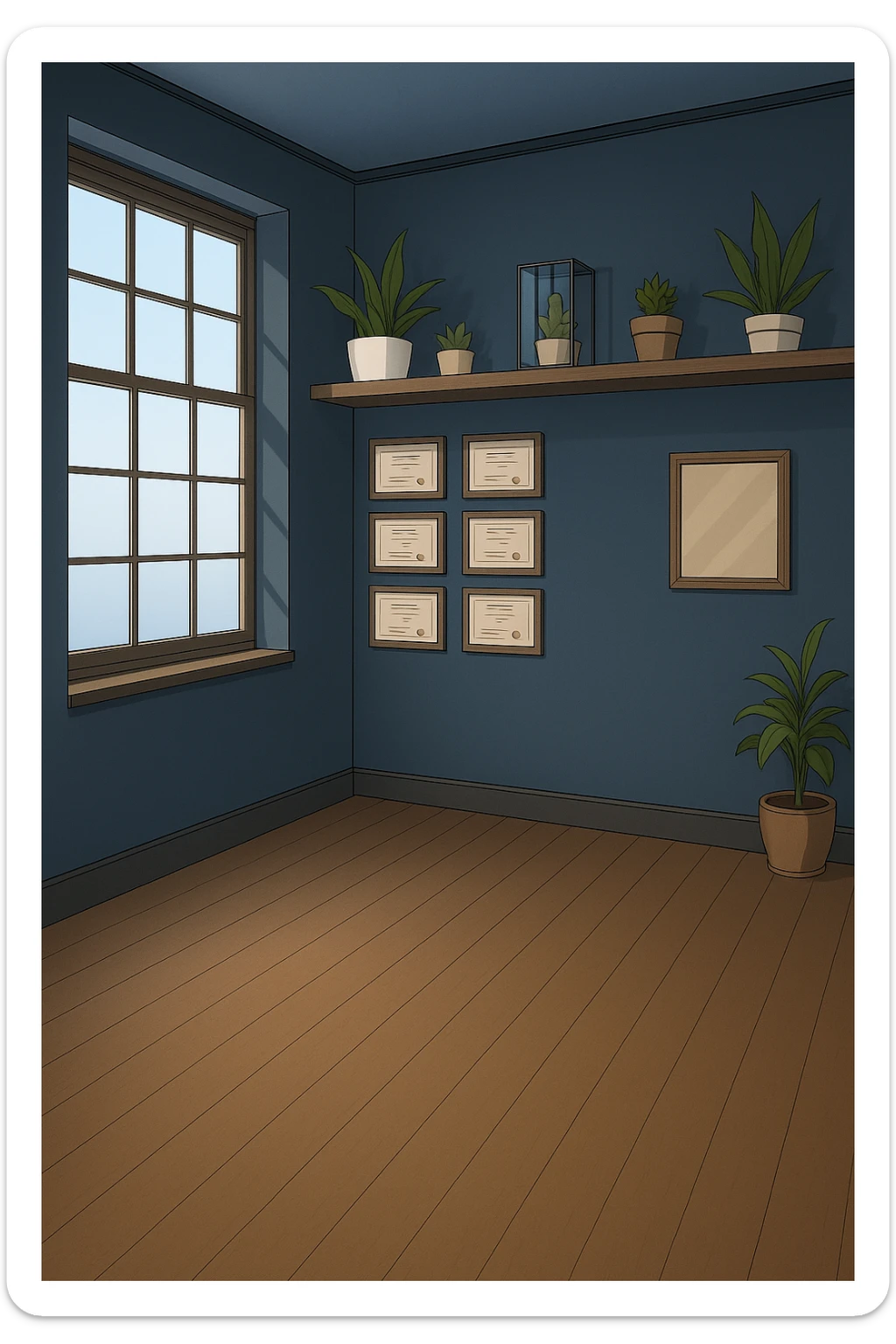 PRENDI SPUNTO DAI COLORI E DALLO STILE DELLA STANZA CON L'UOMO CON IL CAMICE E faMMI QUESTA STANZA VUOTA STILE MANGA/WEBTOON A COLORI SENZA LE PERSONE, SOLO LA STANZA. FALLA MOLTO PIù LUMINOSA, NON LUCI GIALLE sticker