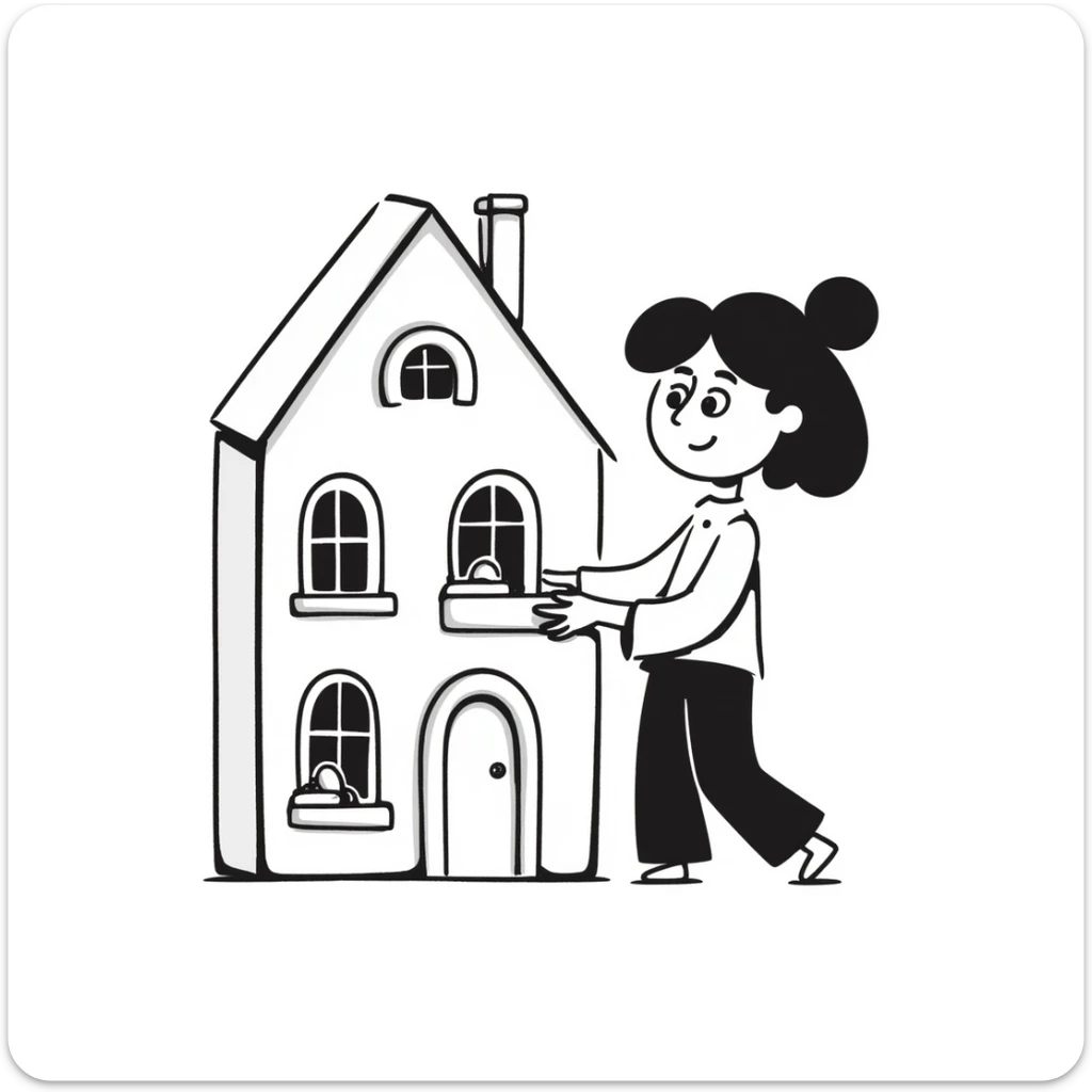 smiling girl arranging furniture in doll house sticker