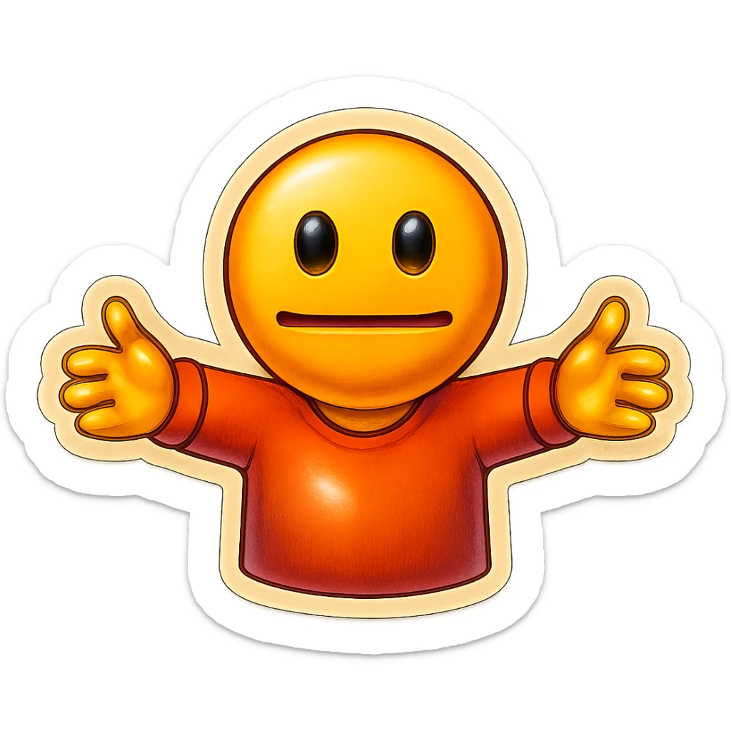 Edit the poker face emoji with arms outstretched for a hug, with a weird smile, keep the background transparent. sticker