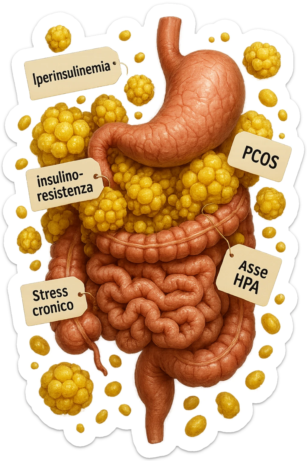 STOMACO E INTESTINO SONO VERTICALMENTE COLLEGATI E INTORNO A QUESTI ORGANI CI SONO CELLULE DI GRASSO GIALLE ATTACCATE SOPRA A GRAPPOLI, intorno fluttuano cellule di grasso giallo e alcune targhette con queste parole "Iperinsulinemia", "insulino-resistenza", "PCOS", "Stress cronico", "asse HPA", IPERREALISTICO 4K sticker