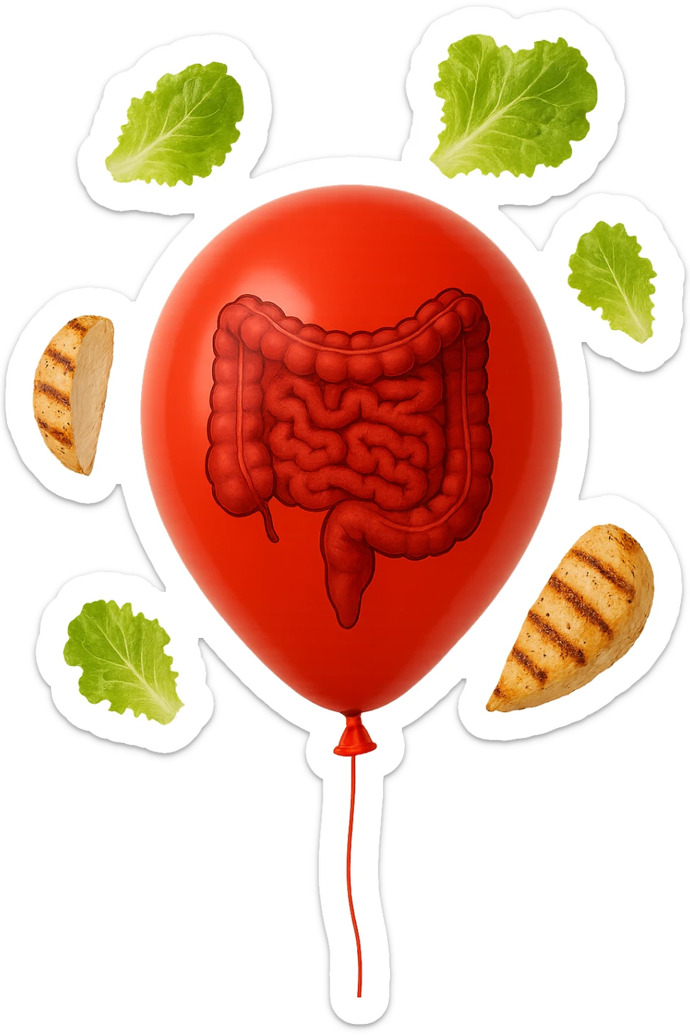 intestino chiuso in un palloncino rosso e foglie di insalata e petto di pollo grigliato che fluttuano intorno sticker