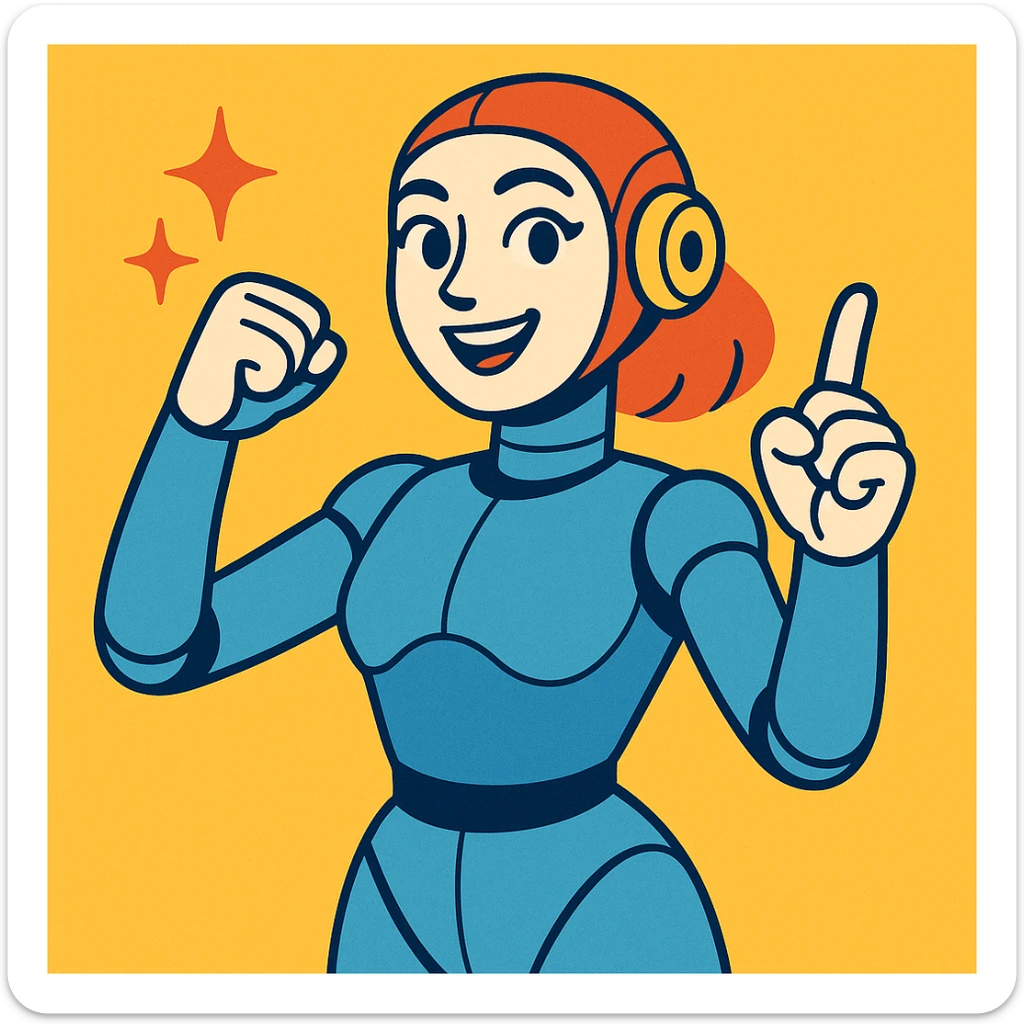 inspirierende weibliche Roboterfigur mit menschlichen Zügen, die Mitarbeitende motiviert und im HR-Kontext Mut macht, freundlicher moderner Stil sticker