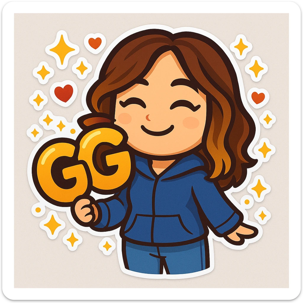 Sticker style chibi emote of the woman from the reference images, wearing a blue hoodie and jeans, holding a large, bubbly 'GG' sign with hearts and sparkles around it, making a cute happy face, no headband, no wand, transparent background. sticker