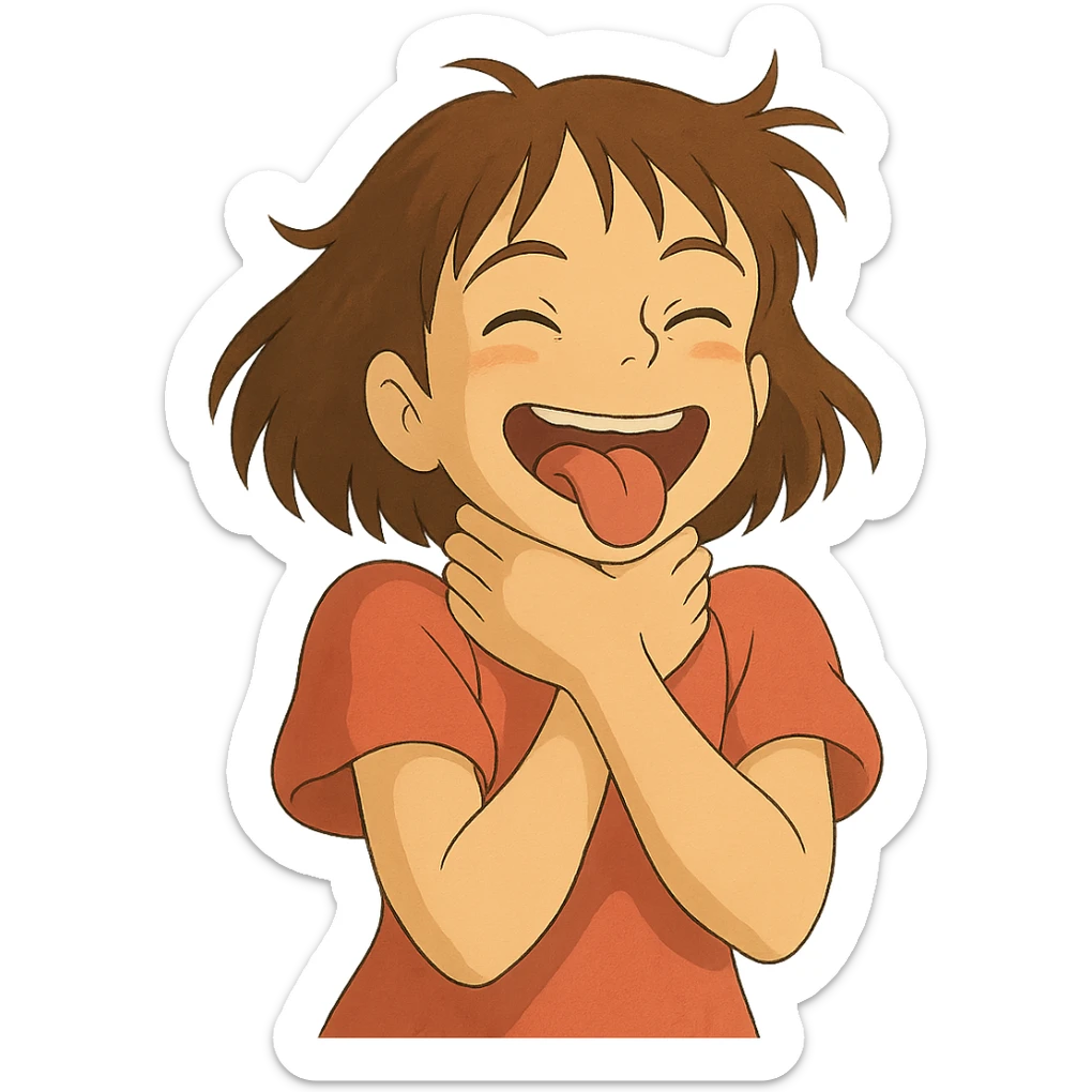 ghibli style girl with her hands wrapped around her own neck, laughing, tongue out sticker