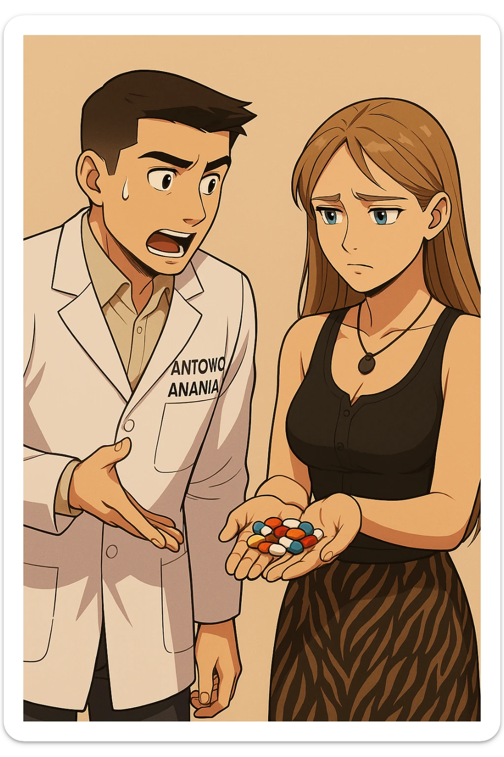 fai un webtoon/manga a colori con questo kinesiologo in camice bianco (fagli la scritta "ANTONIO ANANIA" SUL CAMICE) CHE PARLA CON QUESTA RAGAZZA CON GLI OCCHI AZZURRI. la ragazza gli fa una domanda e IL KINESIOLOGO CON IL CAMICE BIANCO LE risponde. NON FARE I FUMETTI, FAI SOLO LORO COME SE DIALOGASSERO sticker