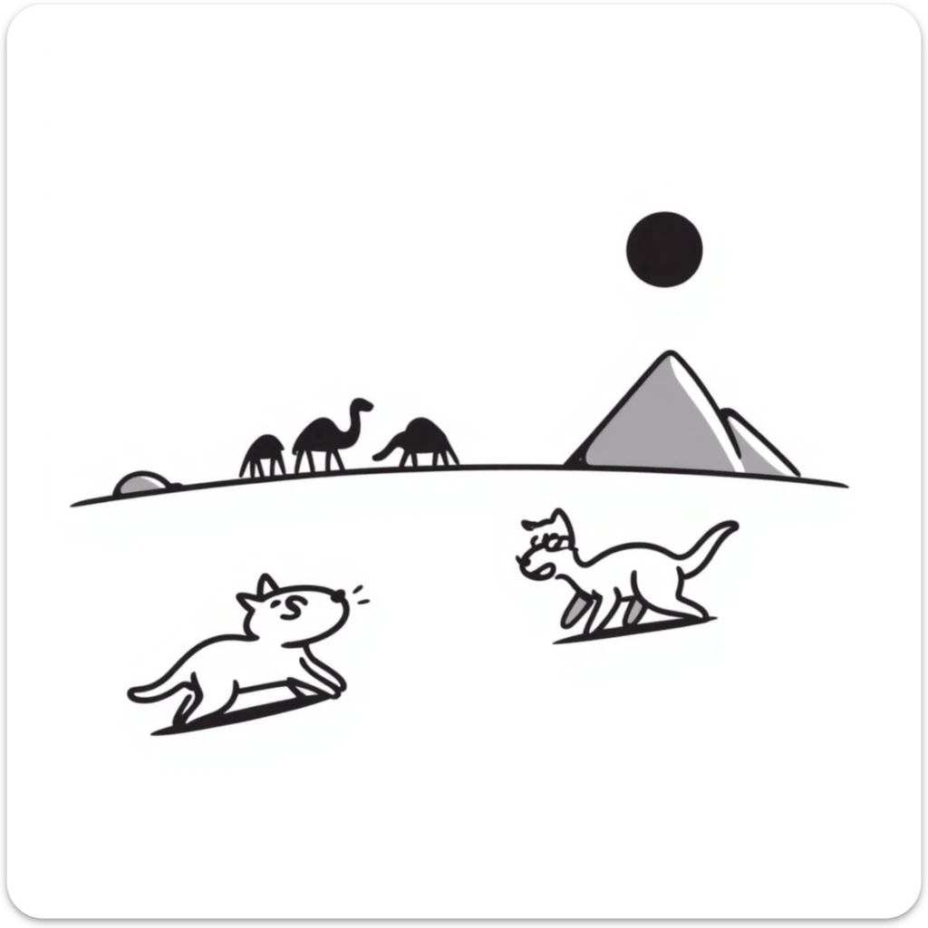 A white cat chasing a T-Rex in the desert with a herd of camels staring at them sticker