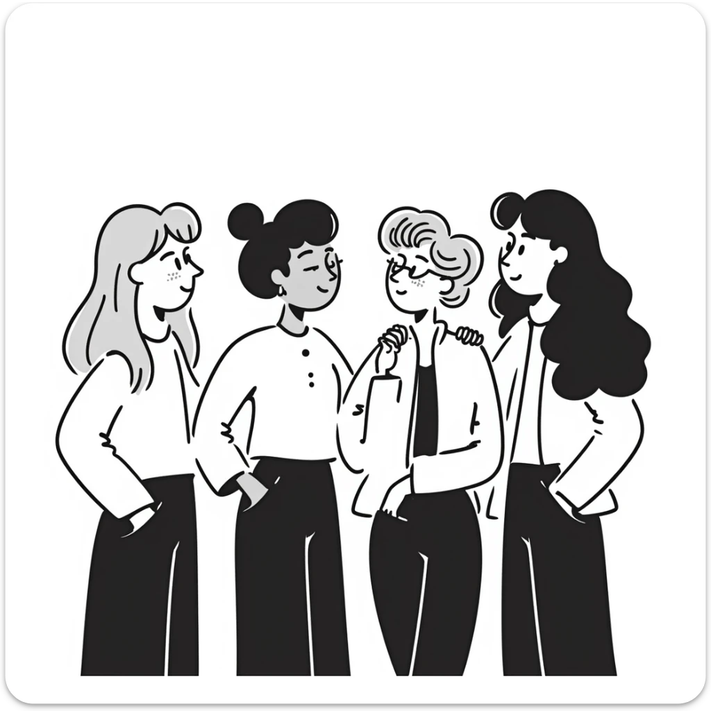 group of four 25-year-old female friends up to waist, drawing style, no bangs, all with middle part hair. From right to left: blonde straight hair with cheeks, slim brunette, blonde wavy hair, slim brunette with very long hair. All wearing casual clothes, neutral background, friendly atmosphere. sticker