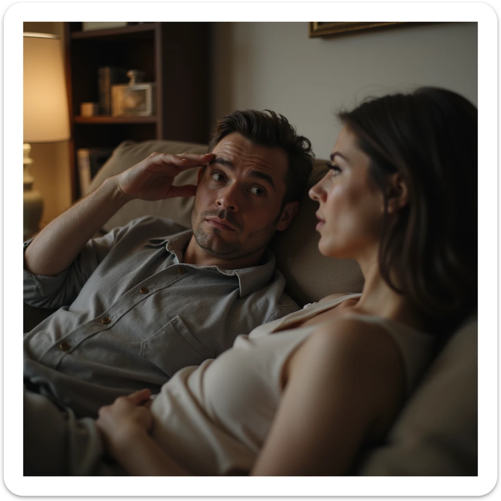 Man lying on the couch, looking insistently at a woman in the room, imploring and theatrical expression, hand on forehead, waiting for her attention, domestic environment, hyperrealistic 4K details sticker