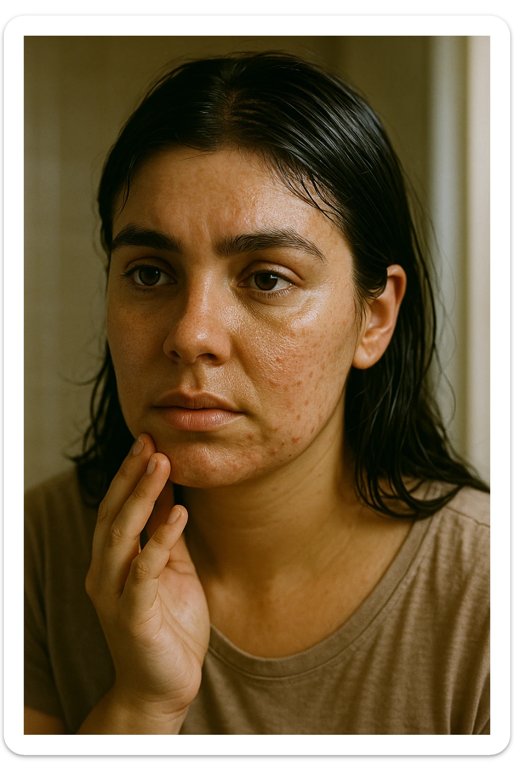 A highly realistic, cinematic close-up portrait of a young woman in her late 20s with medium skin tone, showing visible oily skin and enlarged pores on her cheeks, nose, and forehead. Her skin has a noticeable shiny appearance due to excessive sebum production, and small acne spots are visible along her jawline and chin, indicating hormonal imbalance. Her dark hair appears greasy, clumping in some areas near her scalp, emphasizing unwashed, oily hair due to overactive sebaceous glands caused by PCOS. The woman looks at herself in the mirror with a tired yet hopeful expression, gently touching her cheek with her fingertips as she observes her skin condition. The setting is a softly lit bathroom with natural daylight, and the reflection shows the detail of her skin texture and greasy hair strands. Style: 35mm hyperrealistic film, warm neutral tones with soft depth of field, focusing on the oily skin texture, visible pores, and greasy hair to clearly illustrate the visual symptoms of PCOS. in italiano sticker
