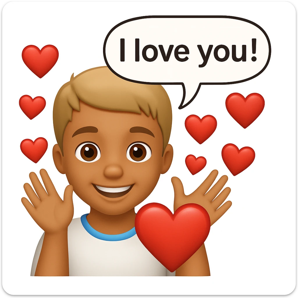 Add a speech bubble with the greeting 'I love you!' to the image, keeping the emoji style warm and loving sticker