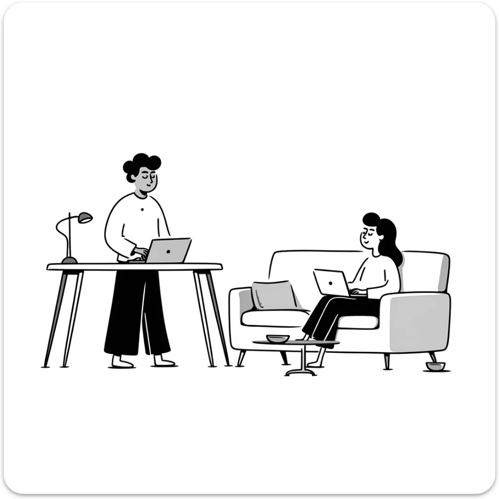 escenary 3d of a cozy mid-century living room with two people working on laptops, one man standing at a desk and one woman sitting on a couch, two walls and floor visible sticker