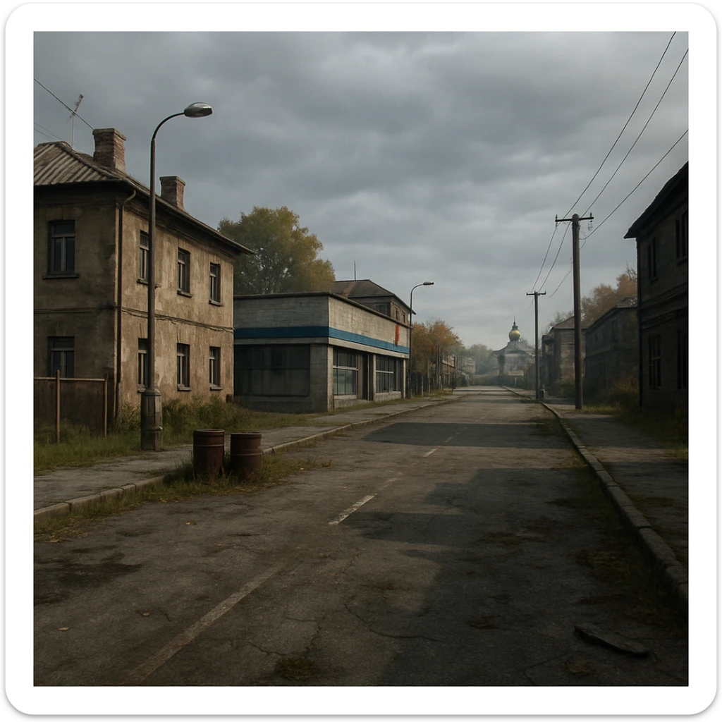 a view of the city street in a videogame: DayZ - in the town of berezino [no text contained in the image] sticker