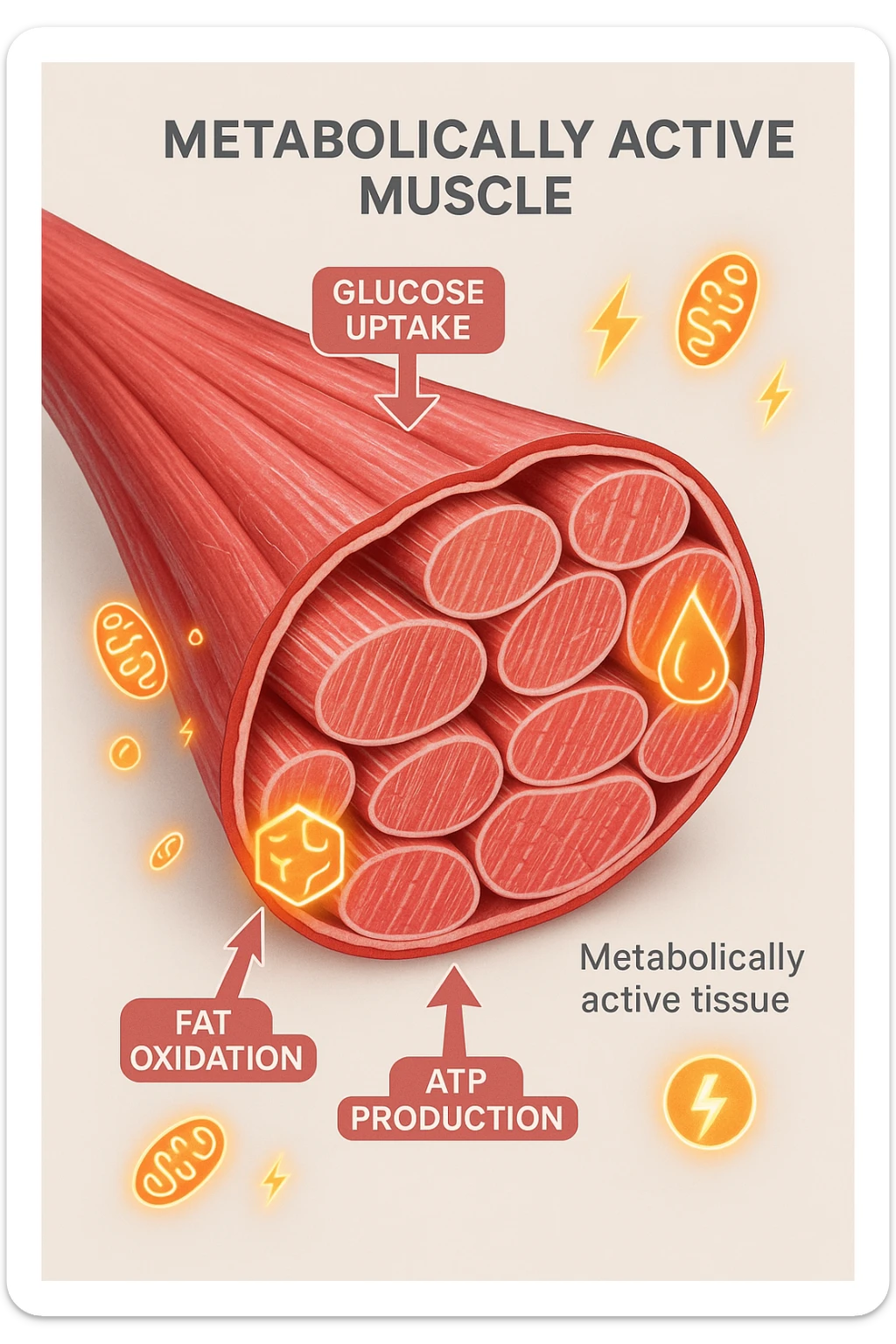 a highly detailed cross-section of human skeletal muscle fibers, shown in vibrant red and pink tones, with visible striations and realistic texture. Glowing arrows and animated icons represent active metabolic processes—such as glucose uptake, fat oxidation, and ATP production—occurring within the muscle tissue. Surrounding the muscle, floating symbols for mitochondria and energy highlight its metabolic activity. The background is clean and clinical, with subtle labels and infographics explaining that muscle is a metabolically active tissue. The overall style is modern, scientific, and visually engaging, suitable for educational or medical use. in italiano sticker