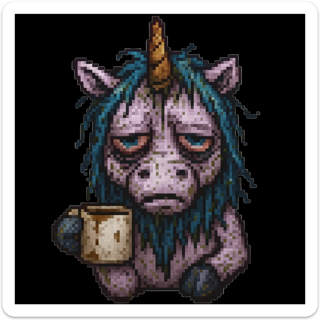 Add a dirty coffee cup in the unicorn's hoof, keep the pixel art style, unicorn remains disgusting and rumpled with bags under his eyes and a drooping horn. The style should be pixel art. sticker