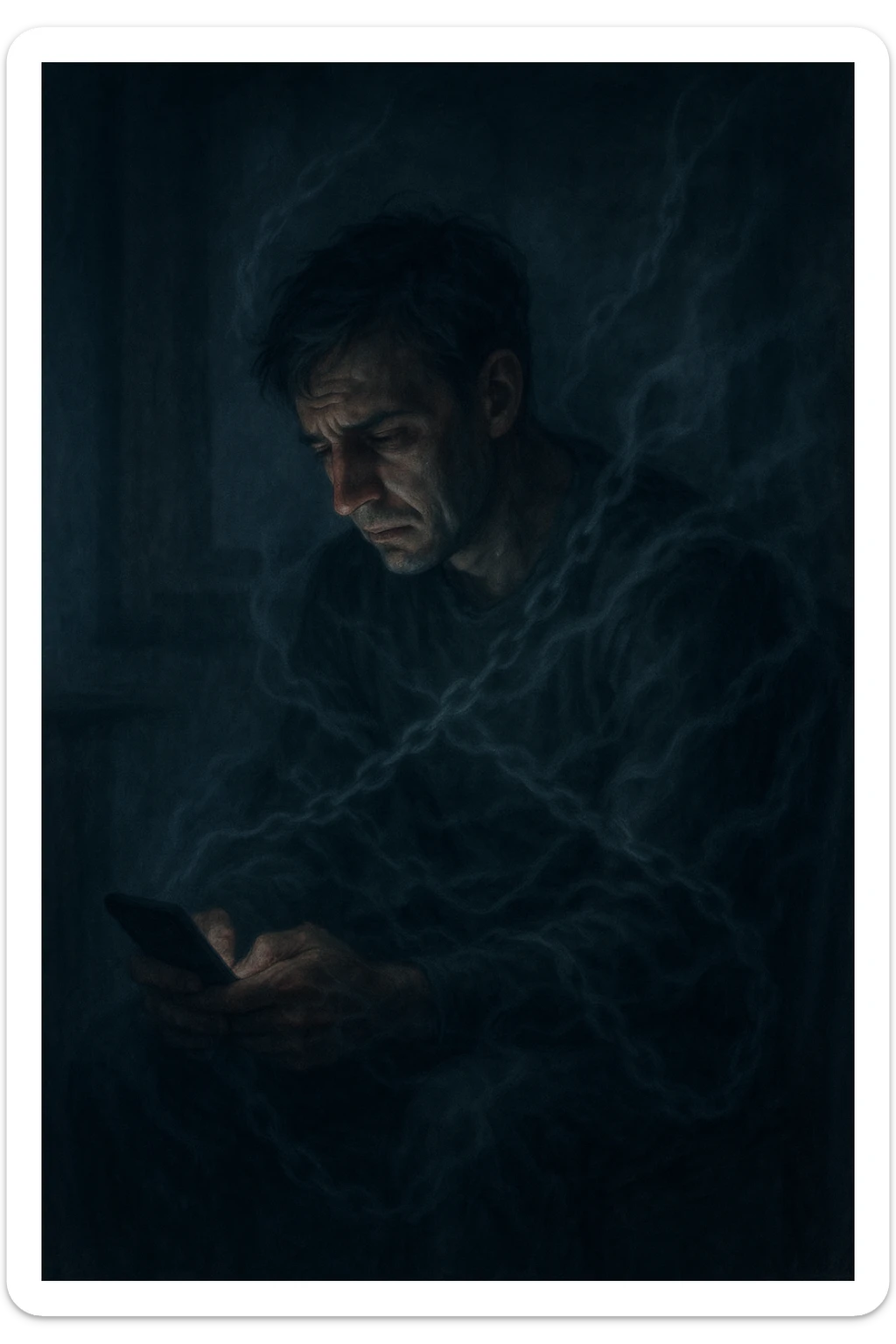 a man sits alone in a dimly lit room at night, illuminated only by the glow of a computer or phone screen. His posture is slouched, and his expression is tired and troubled. Around him, faint, ghostly chains or shadows subtly wrap around his body, symbolizing addiction and emotional distress. The background is blurred, emphasizing isolation and discomfort. in italiano sticker