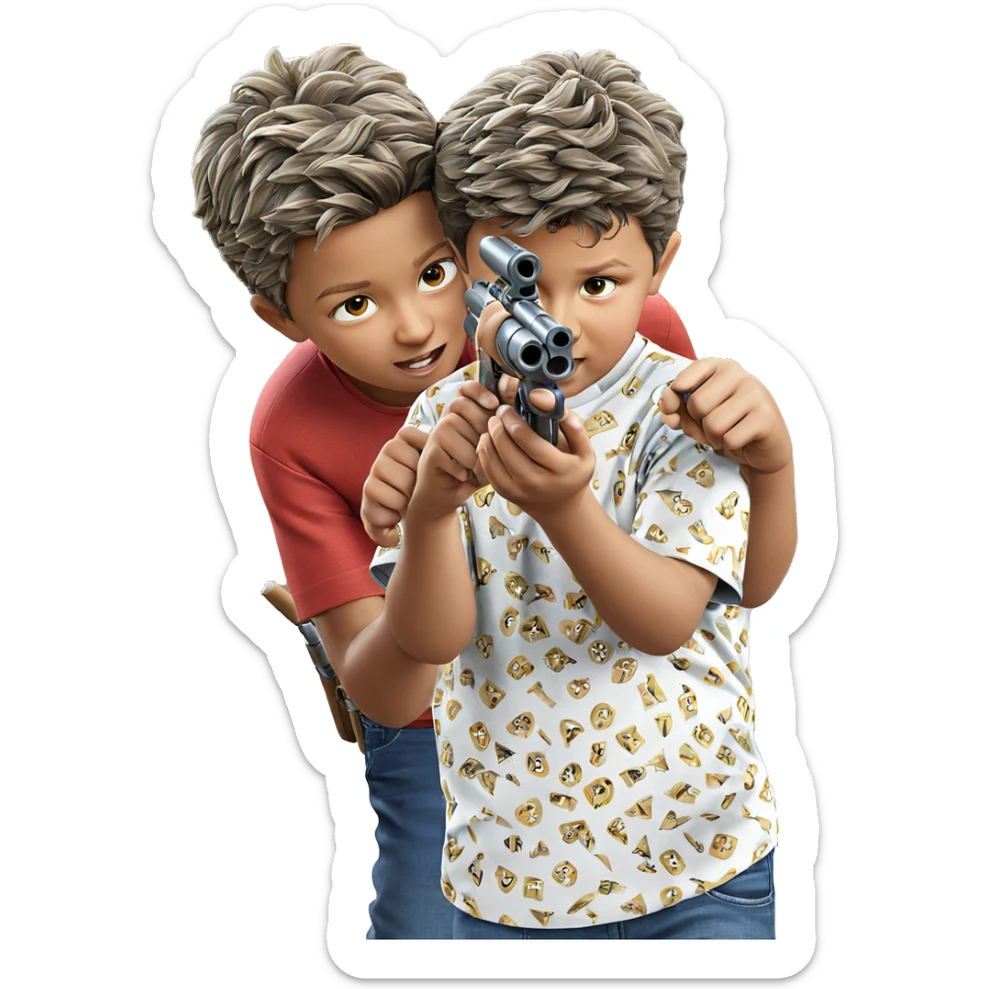 two boys aiming weapons outdoors sticker