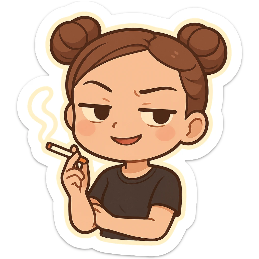 chibi sticker of a girl with double bun hairstyle, holding a cigarette, with a smug and confident facial expression, same face and clothes as before sticker