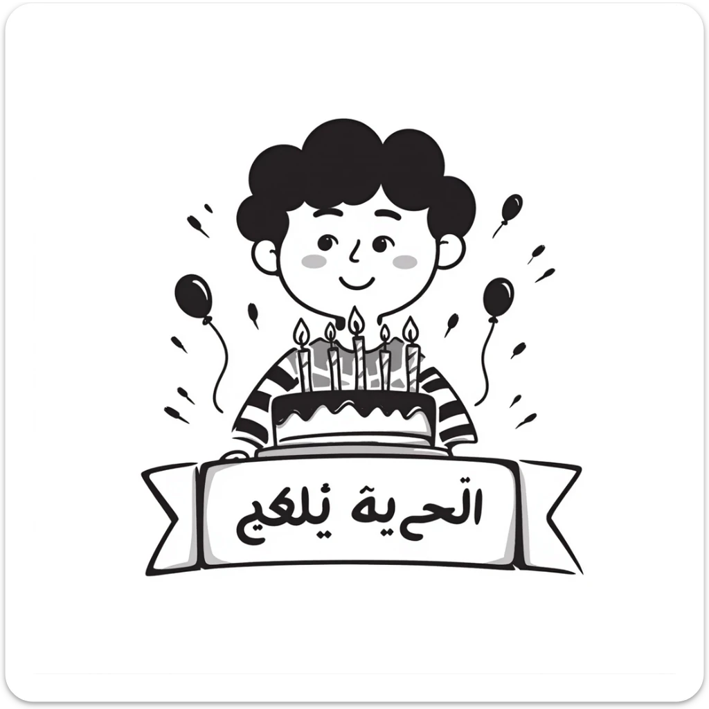 A very colorful, vibrant illustration of a happy little boy celebrating with a birthday cake with lit candles, colorful balloons and decorations. Include large, clear Persian text at the bottom that says: "امیدرضا جان تولدت مبارک" sticker