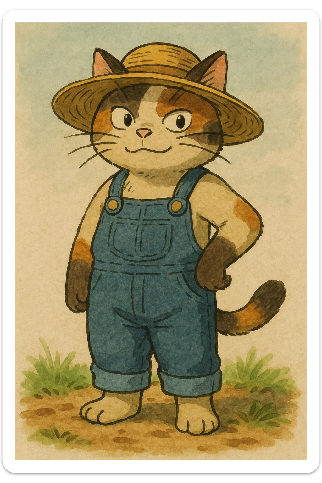expressive illustration of a standing farm cat wearing a straw hat and overalls, simple background sticker