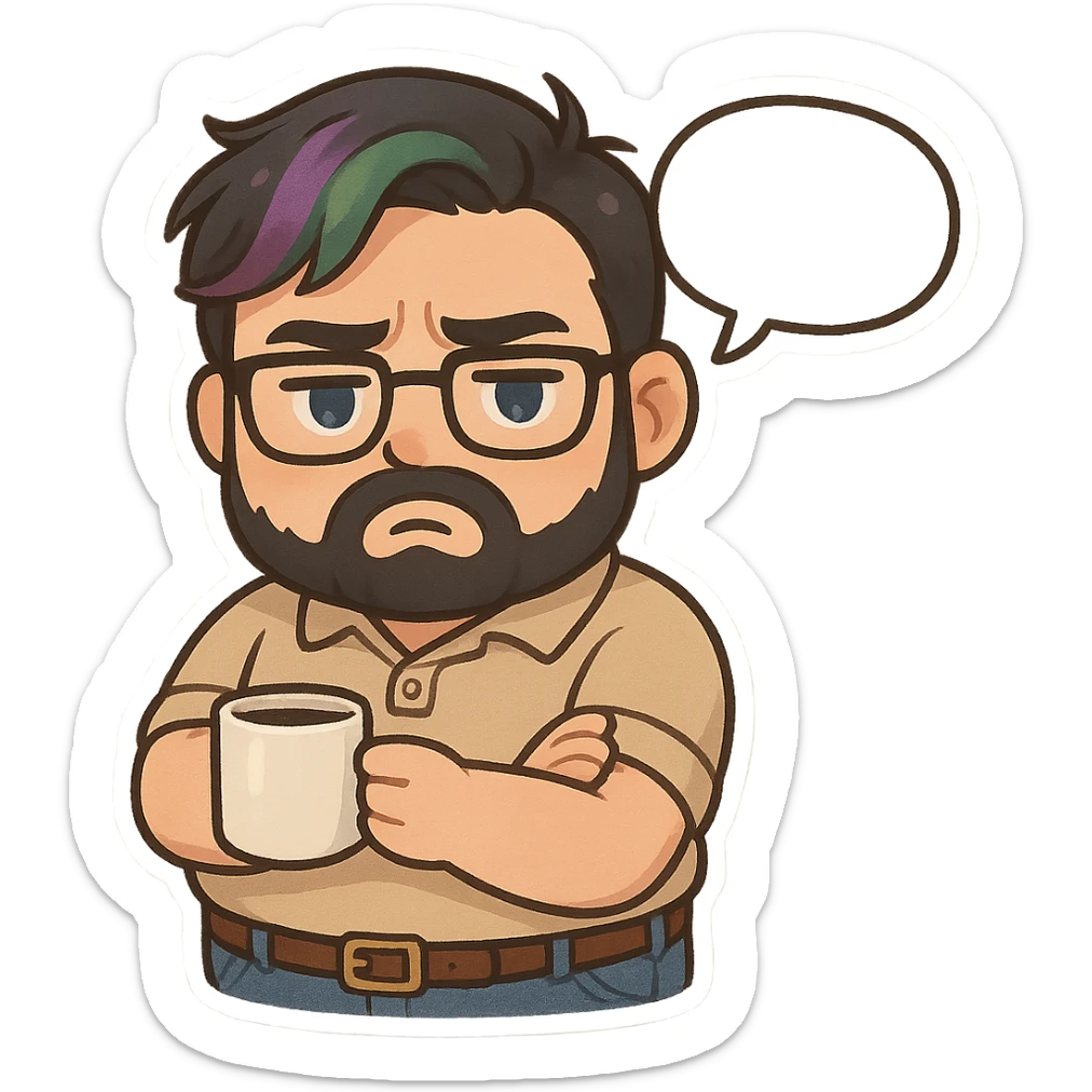 A realism art illustration art style of handsome plus-size man with black hair and a purple to green ombre streak, black beard, blue eye, glasses, dressed like a dad, holding a coffee mug, blank speech bubble, frowning  sticker
