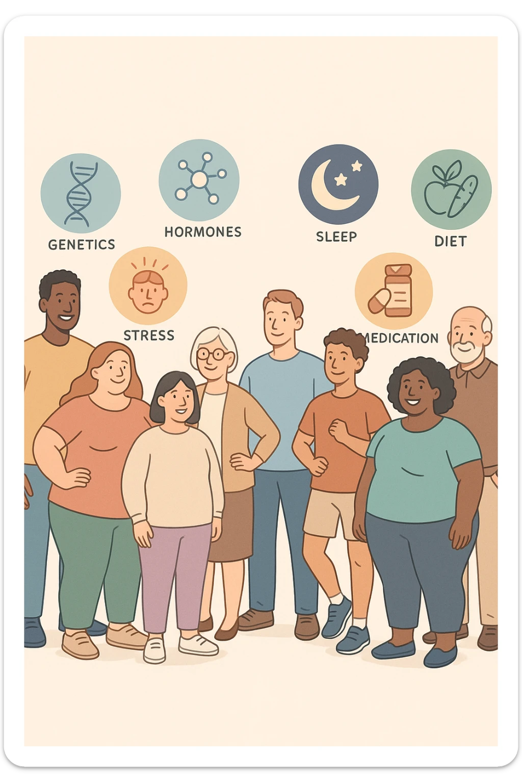 a diverse group of people of different body shapes, sizes, ages, and backgrounds stand together, each surrounded by floating icons representing factors like genetics, hormones, stress, sleep, physical activity, diet, medication, and environment. The mood is inclusive and informative, emphasizing that weight is influenced by many interconnected elements. sticker