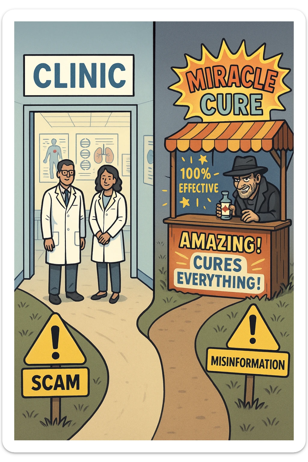 two paths diverge—one leads to a trustworthy clinic with doctors and scientific posters, the other to a shady stand selling “miracle” medicines with exaggerated claims. Signs along the second path warn of scams and misinformation. The scene encourages viewers to choose reliable, science-based healthcare. sticker