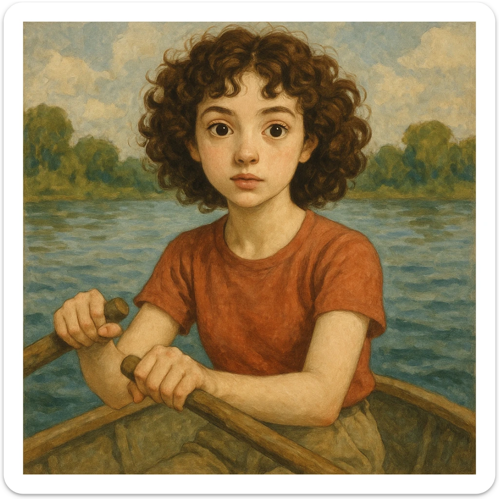 kürek çeken, kıvırcık saçlı, beyaz tenli, gözleri biraz iri kız, genel stil sticker