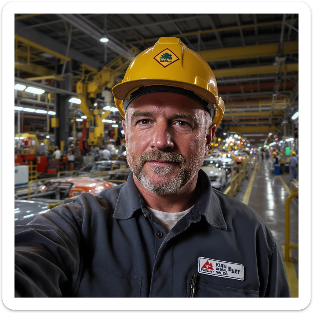 Realistic car factory, detailed machinery, industrial atmosphere, workers in uniforms, assembly lines with cars in production, realistic lighting and shadows, large warehouse-like structure with high ceilings, metal beams, and industrial equipment, realistic style sticker