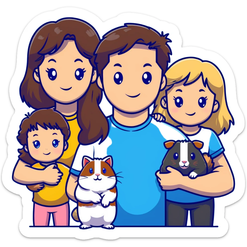 Family portrait with father with dark brown hair and blue eyes, mother with light brown hair and blue eyes, three blonde little girls with blue eyes, plus a cat and two guinea pigs sticker