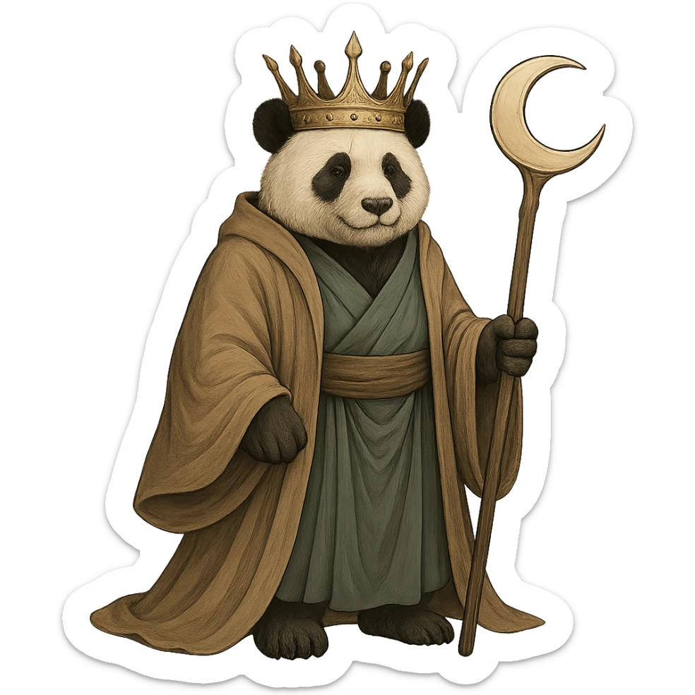 Add a crown to the panda in flowing robes, blending it with the mystical and calm style. Remove the background to isolate the subject. Keep the mystical and calm atmosphere of the original image. sticker