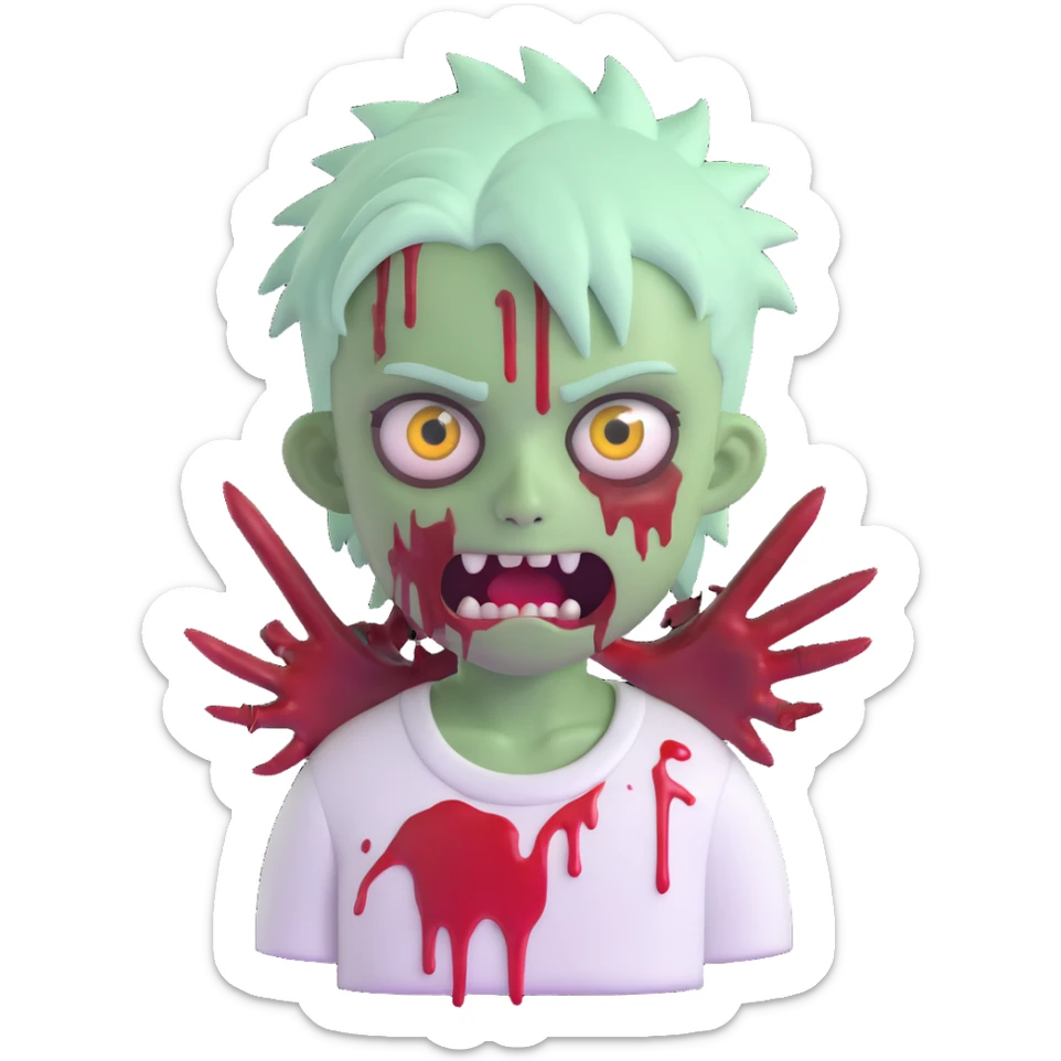 boy zombie emoji with pale whitish green skin, spiky anime hair, blood coming out of eyes, blood on white shirt sticker