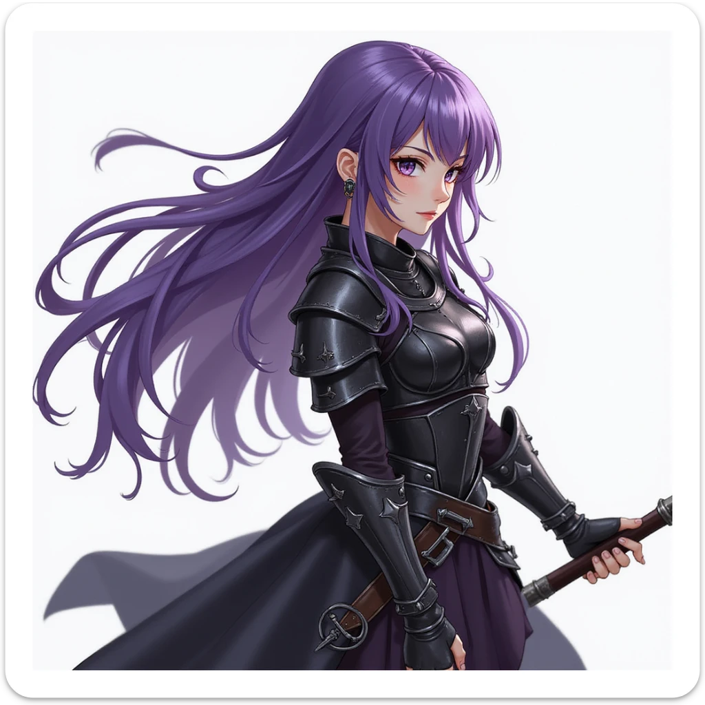 A mysterious warrior girl with flowing purple hair, dressed in black armor, in a dynamic pose, detailed fantasy illustration. sticker