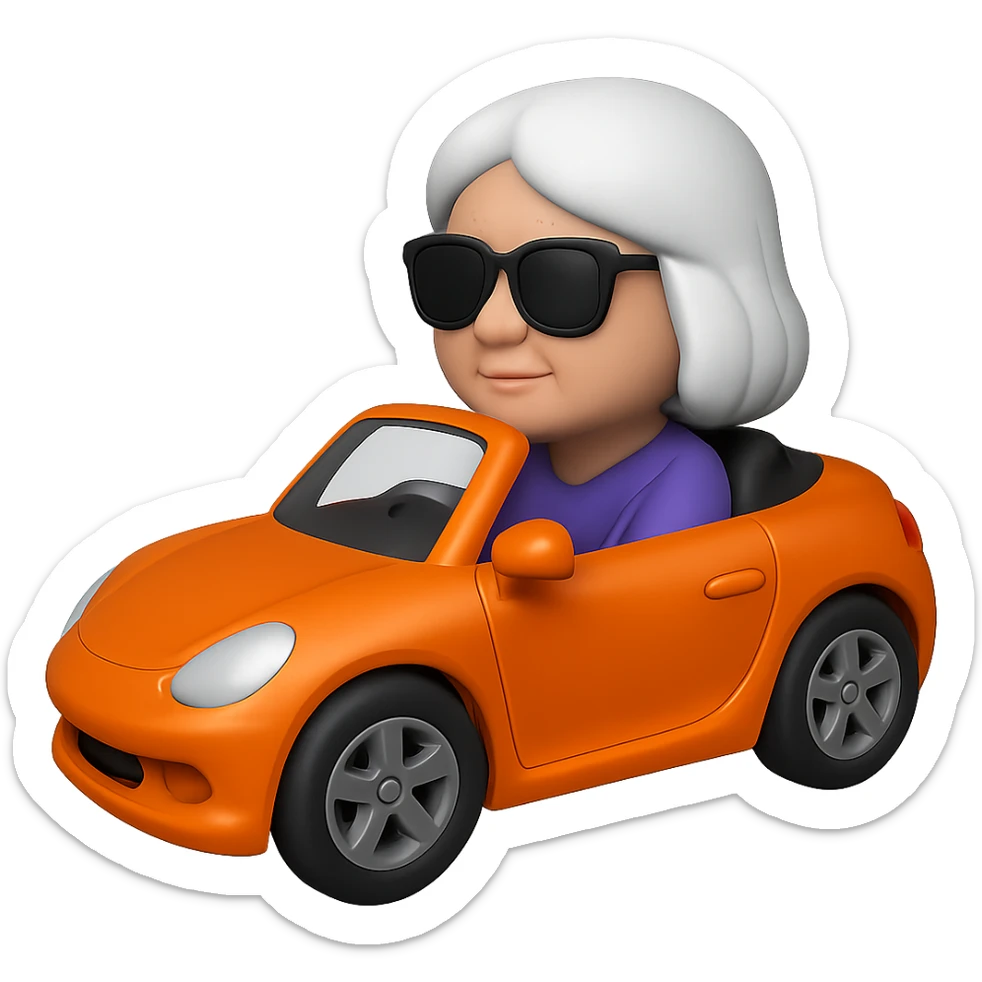 Show the old lady with white hair in the orange sports car from a side angle, in 3D emoji style, realistic, wearing sunglasses, no background. The style should resemble Microsoft style 3D fluent emojis with realistic details and no background. sticker