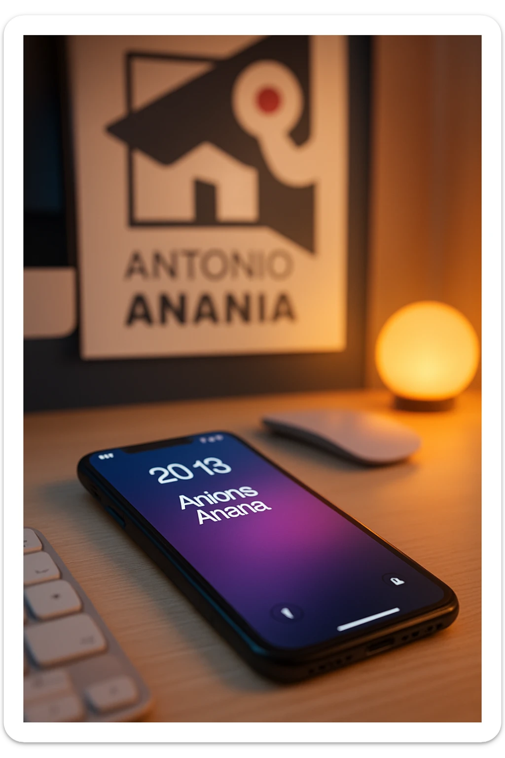 A photo of an iPhone on the desk with the message "Antonio Anania" on its screen, The phone sits atop a desk with a blurred with the logo in the background that suggests work environment. A faint glow from above casts gentle shadows across the surface of each object, creating depth and highlighting their textures sticker
