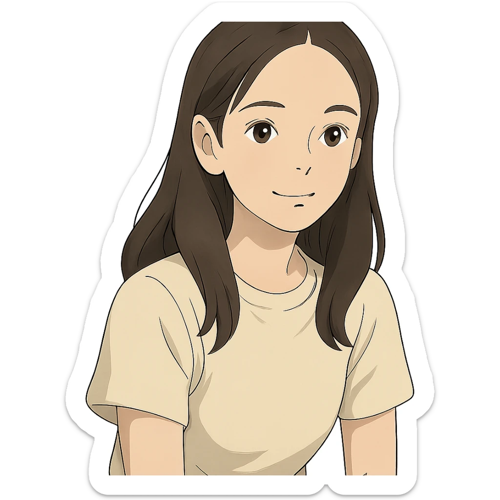 girl with clear skin, bright eyes, healthy hair, natural beauty, minimal makeup, simple neat clothing, relaxed pose sticker